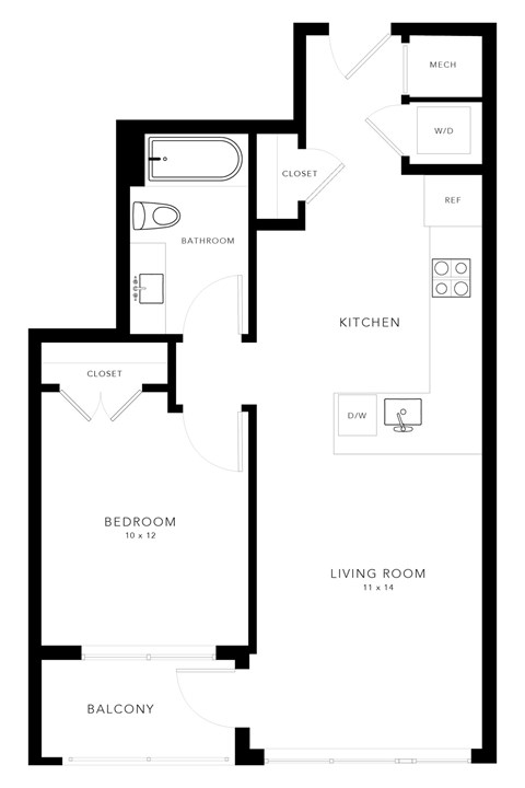 Floor plan for 1 bed, 1 bath, 580 sqft